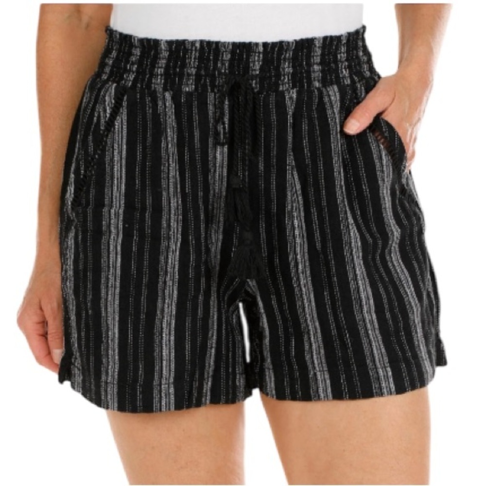 Briggs New York Linen Blend Striped High Waist Shorts Black White Size M